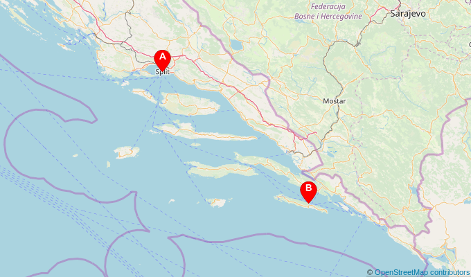 Map of ferry route between Split and Sobra (Mljet)